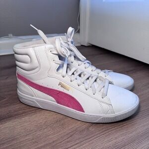 Puma Vikky v3 Mid Womens White Pink Leather High Top Sneakers 387610-03 Size 10